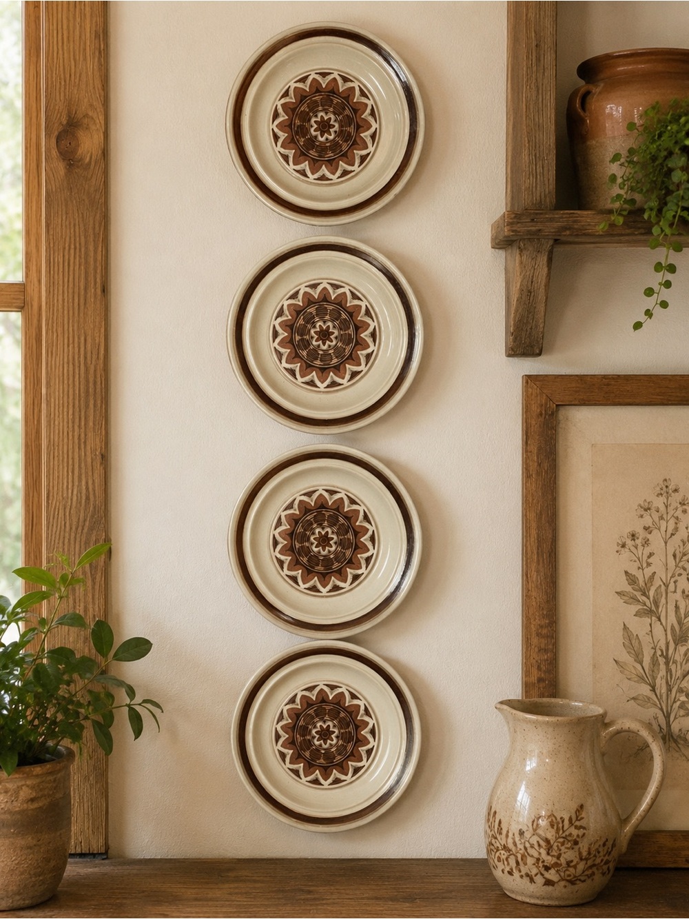 Cream and Brown Ceramic Dinner Plates - Set of 4